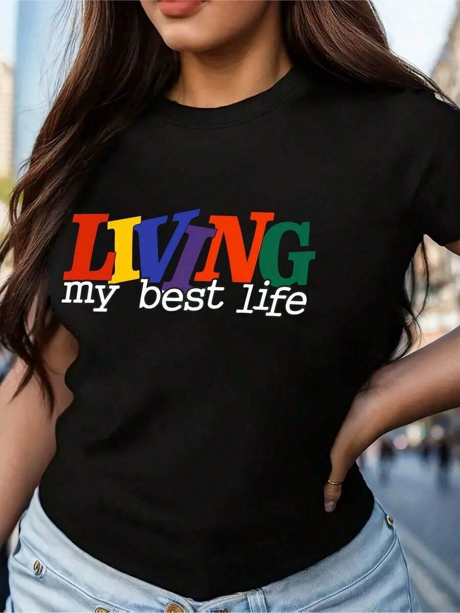 "Living My Best Life" Camiseta Gráfica Colorida para Mujer - Cuello Redondo Casual, Manga Corta, Transpirable - Lavable a Máquina, Tela Suave y Cómoda - Camiseta de Algodón - Negro - Ver 1