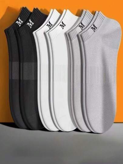 6 Pairs Men's Summer Thin Ankle Socks, Odor-Resistant Breathable Solid Color Letter M Versatile Sports Casual Socks