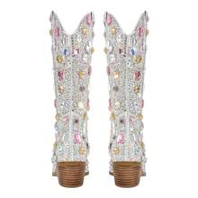 Women's Rhinestone Cowboy Boots, Mid-Calf Western Boots, Sparkling Women's Cowboy Boots, 2-Inch Heel, Slip-On Mid-Calf Boots, Stylish Riding Boots - 寶石銀 - 查看 3