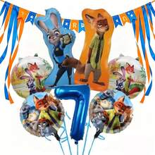 7 st officiellt licensierade tecknade räv- och kanintema orange och blå festballongdekorationsset, inklusive blå folieballonger med tecknat mönster, 32" blå folieballonger med siffrorna 1-9, grattis på födelsedagen, lämpliga för väggdekorationer till födelsedagsfesten, ballongdekorationstillbehör - Visa 9