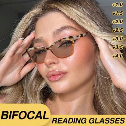 1pc Cat Eye Tinted Bifocal Reading Glasses, Color Combination, Bifocal Lenses For Near And Far Vision, Fashion Comfortable Women Reading Glasses With Spring Hinges