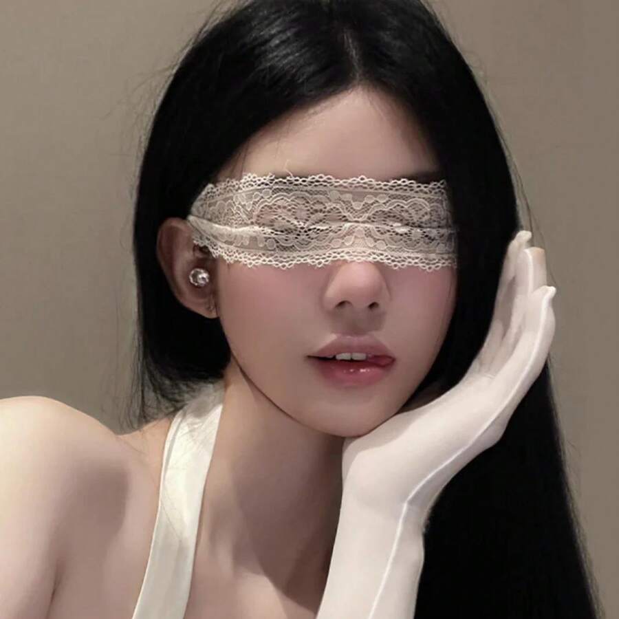 2Pcs Fashion Women Lace Eye Masks, White & Black Hollow-Out Eye Cover, Adjustable Blindfold For Cosplay, Party & Costume Props - WHITE - 查看 1