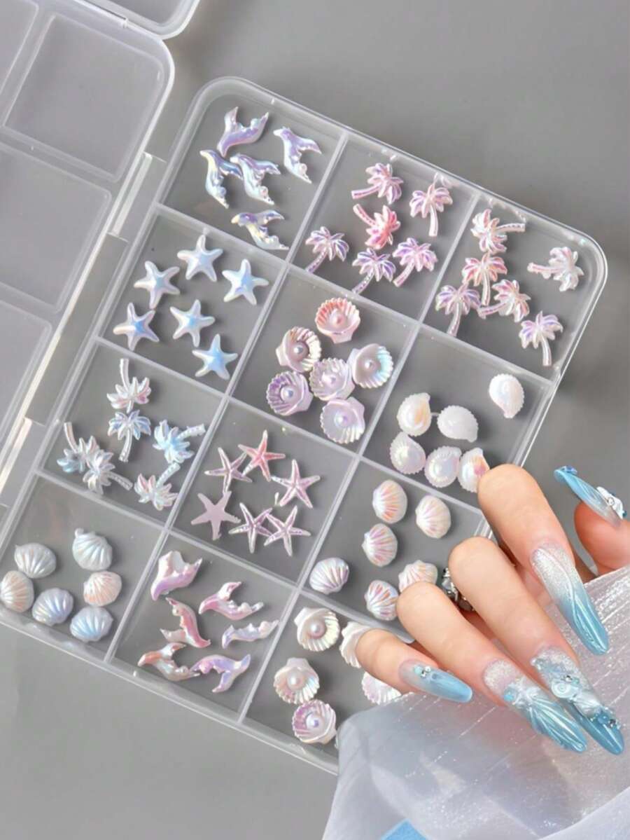 12格炫彩美甲装饰品,珍珠贝壳、白色海星、卡通椰子树,DIY美甲配件 - 彩色 - 查看 1
