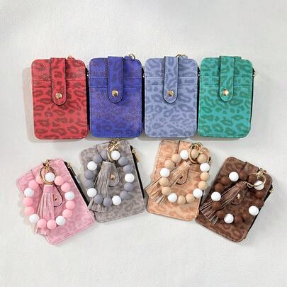 1件装多功能豹纹腕带钥匙扣，硅胶珠手链带流苏装饰，二合一PU皮革卡包和零钱包，多色便携日常/旅行防丢卡包，时尚女士配饰