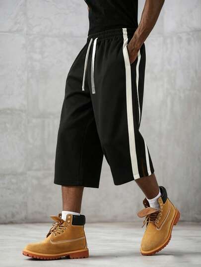 Men's 3/4 Length Shorts, Loose Fit With White Side Stripe And Drawstring Waist, Casual Street Style Pants, Suitable For Daily Wear In Summer