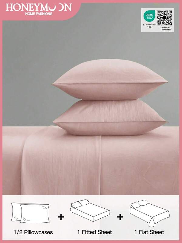 Juego de ropa de cama de 3/4 piezas de unicolor, suave y transpirable, ropa de cama de lujo nivel hotel, disponible en tamaños individual, doble, queen, king, incluye 1 o 2 fundas de almohada, 1 sábana plana, 1 sábana ajustable, ideal para decoración de habitaciones y regalos, adecuado para el hogar y la residencia, certificado Oeko-Tex