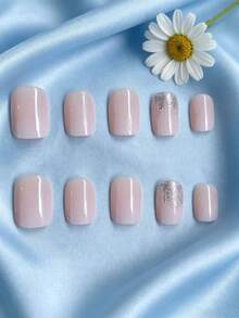 24pcs Ombre Pink Glitter Press-On Nails, Reusable, Glitter Accent, Minimalist & Fashionable, Suitable For Dates, Spring, New Year, Christmas, Daily Commute, Birthday, Festivals, Spring/Summer New Arrival - Baby Pink - View 2