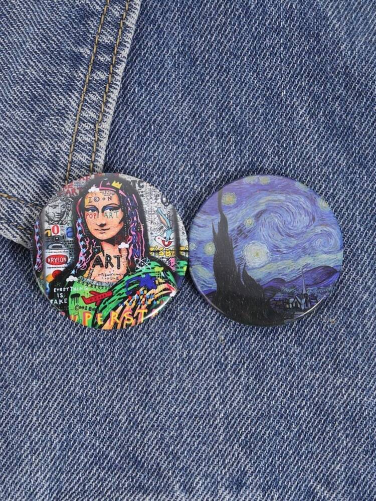 Bộ 1 ghim cài áo nghệ thuật Van Gogh Đêm đầy sao và Mona Lisa, huy hiệu cài áo họa tiết tranh vẽ sáng tạo để trang trí ba lô, quần jean, túi xách. - Nhiều màu - Xem 2