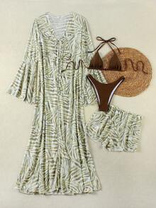 4pcs Leopard Print Casual Lace-Up Beach Vacation Summer Swimsuit Set, Long Sleeve Rash Guard For Women - Green - View 5