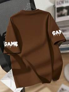 男童宽松印花T恤，泼墨游戏手柄图案，袖子上印有“GAME”字样滴墨标语，休闲落肩设计，适合上学、电竞比赛、日常休闲穿着，夏季青少年服装 - 棕色 - 查看 2