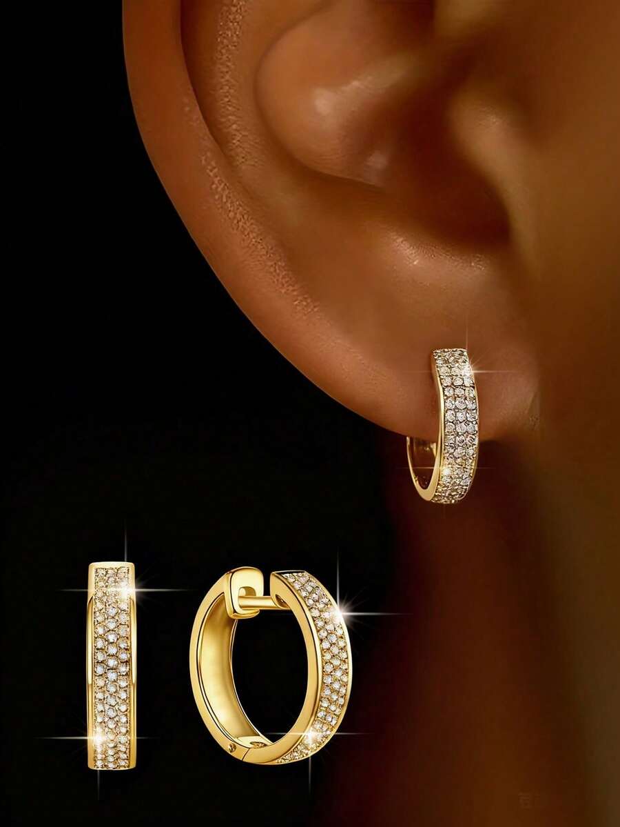 1 Đôi bông tai 3 hàng đính đá Zirconia, chất liệu bạc S925, kiểu dáng tối giản, trang sức cao cấp dành cho nữ, quà tặng ngày lễ/sinh nhật, phù hợp cho nữ giới đeo hàng ngày. - Ba hàng khuyên tai kim cương - Xem 1