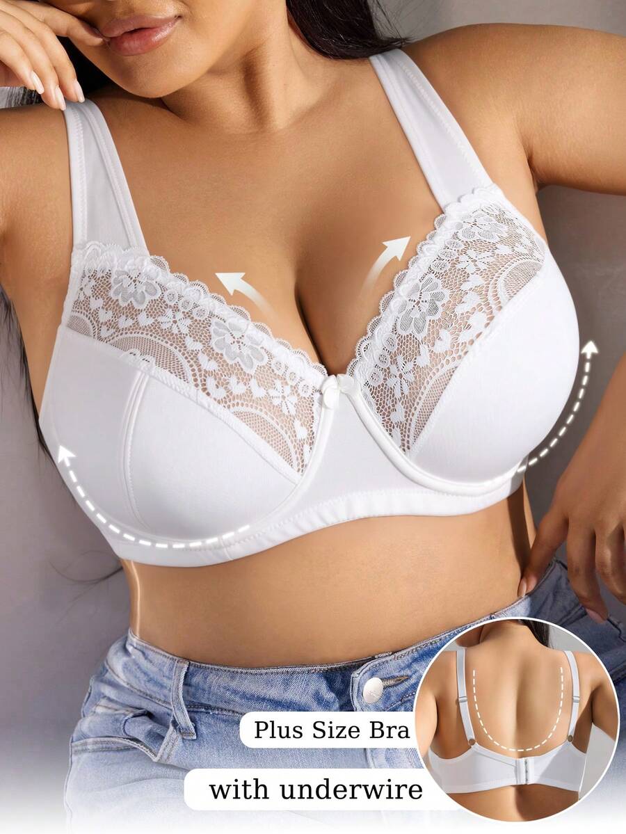 1pc Women Plus Size White Lace Patchwork Underwire Comfortable Bra - White - View 1