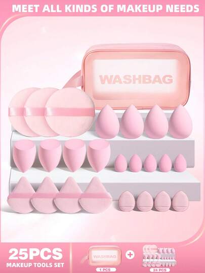 Bộ 25 bông mút trang điểm: Bao gồm 13 bông mút trang điểm siêu mềm, không thấm nước + 11 bông mút trang điểm cầm tay (hình ngón cái, hình tam giác và hình tròn), tất cả được đựng trong một túi đựng mỹ phẩm nhỏ gọn in chữ - một bộ sưu tập bông mút trang điểm hoàn chỉnh, mềm mại, thân thiện với da và dễ mang theo.