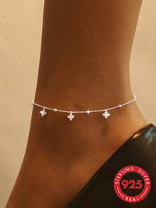 1 chiếc lắc chân đính hạt tối giản bằng bạc Sterling 925 hình cỏ ba lá, thích hợp cho các buổi đi chơi, chụp ảnh và các dịp khác - Bạc - Xem 1