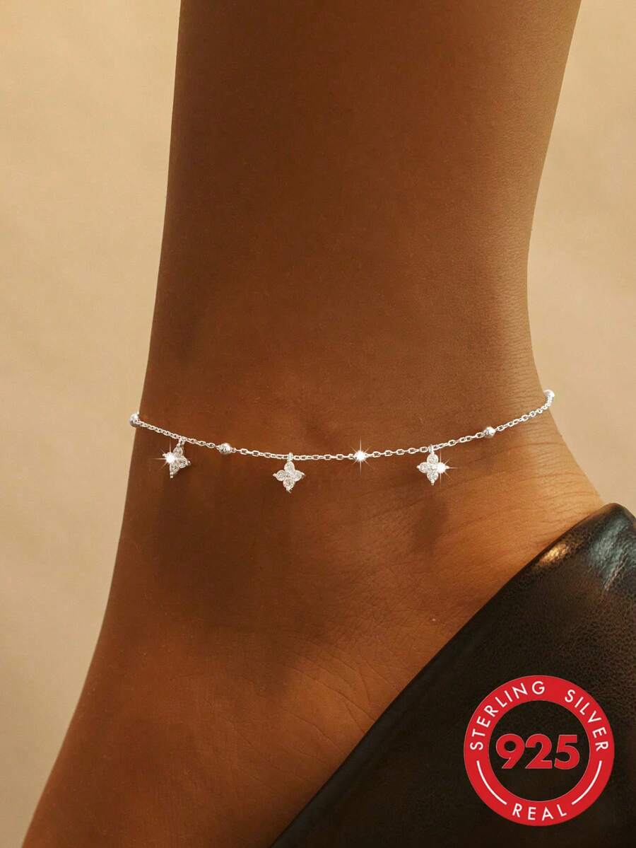 1 chiếc lắc chân đính hạt tối giản bằng bạc Sterling 925 hình cỏ ba lá, thích hợp cho các buổi đi chơi, chụp ảnh và các dịp khác - Bạc - Xem 1