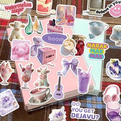 30 piezas Juego de pegatinas de la serie púrpura, equipaje, funda de teléfono, planificador, tableta, monopatín, guitarra, decoración navideña, pegatinas autoadhesivas