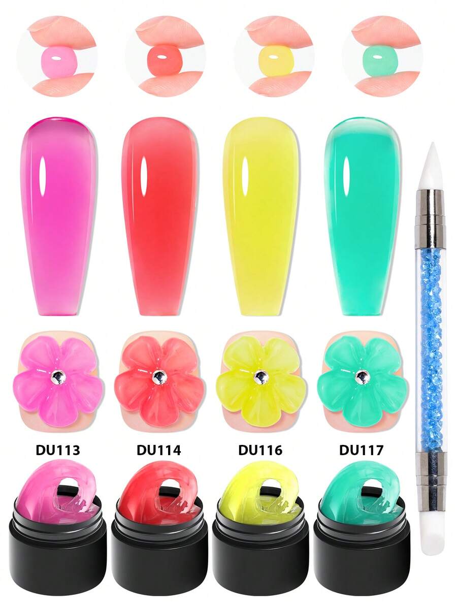 Mtssii 4入/8ml 玻璃果凍無縫手部延長凝膠指甲油套組，附雕刻刷可用於3D造型/雕刻，美甲壓克力純色牛奶果凍硬凝膠適用於假指甲、雕花、水鑽黏著凝膠，居家與美甲沙龍夏季美甲DIY用品，易於使用