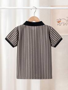 Tween Boy Casual Stylish Textured Colorblock Striped Short Sleeve Polo Shirt, Suitable For Spring/Summer, Back To School, Daily Wear, Vacation - Light Grey - View 2