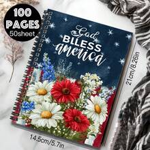 100-Page Patriotic Floral Pattern Spiral Notebook With "God Bless America" Text, High-Capacity For Work, Study, And Daily Planning, Suitable As Graduation Or Birthday Gift, Great For Journaling And Notes - T - View 3