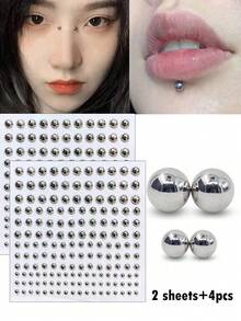 6pcs/Set Non-Piercing Jewelry - 2Sheets Face Gems Sticker, Gold & Silver Ball Self-Adhesive Fake Eyebrow Lip Labret Nose Studs And 4pcs Repalcement Ball Accessories, Punk Y2K Adhesive Face Jewelry For Party Halloween Makeup DIY,Concert Look - Multicolor - View 11