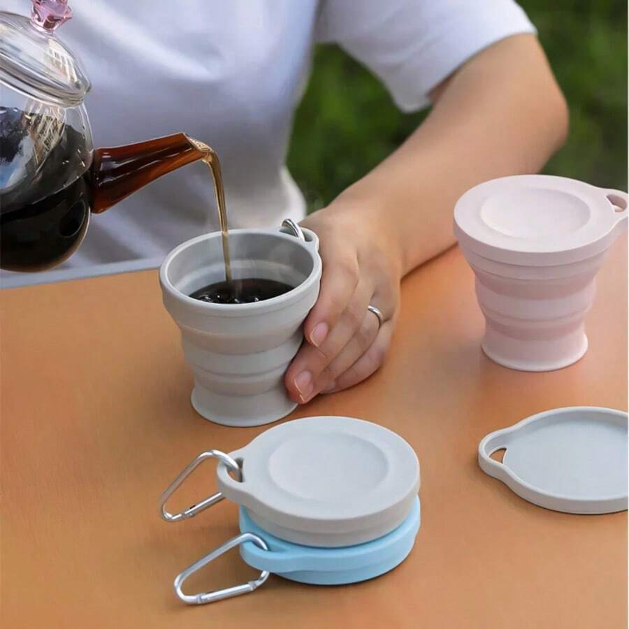 1pc Multi-Color Outdoor Silicone Collapsible Cup, With Carabiner, 6.09 Oz Creative Portable Retractable Rinse Cup; With Lid Design, Suitable For Travel, Outdoor Sports. Silicone Folding Water Cup, Portable Retractable Water Cup With Lid, Travel Rinse Cup; Foldable Leak-Proof Portable Travel Water Cup, Suitable For Outdoor Hiking, Camping, Camping Gear And Camping Essentials - Multicolor - View 1