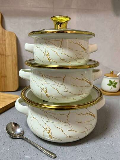 Set de 3 cratițe emailate multicolore cu ornamente aurii, inclusiv oală mică pentru lapte, oală pentru tăiței, oală pentru supă, potrivită pentru mâncarea copiilor, aragaz cu inducție și gaz, set de vase mini emailate de uz casnic