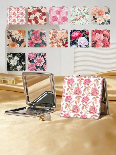 1个乡村英伦风花卉图案便携式折叠化妆镜，轻巧便携，采用耐用PU皮革材质，适合旅行、聚会、工作、上学等场合，适合所有年龄段。