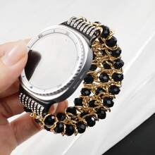 黑色珍珠金属链表带，适用于 38mm、40mm、41mm、42mm、44mm、45mm、46mm、49mm 型号，水晶珍珠手链，适用于 Ultra 系列、SE、11、10、9、8、7、6、5、4、3、2、1，金属弹性珠宝表带，适合 5.5 至 6.4 英寸手腕。 - 黑色 - 查看 3