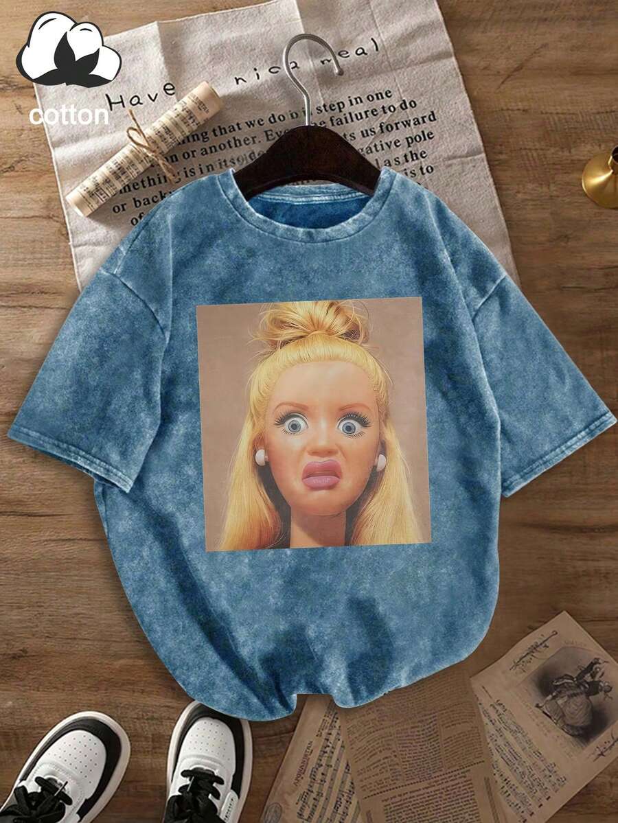 Women's Casual Retro Portrait Print Round Neck Short Sleeve T-Shirt, Suitable For Spring, Summer And Autumn - Royal Blue - View 1