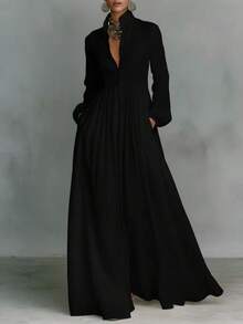 Elegant French-Style Dress For Women, Fitted, Long-Sleeved, Plain Emerald Green, High Neck And Raglan Sleeves, Ideal For Vacation - 淺粉色 - 查看 4
