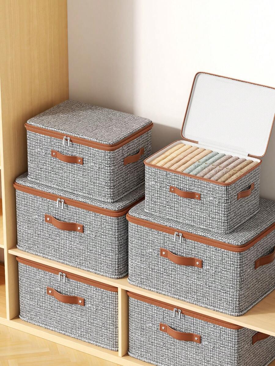 1 pieza Caja de almacenamiento de ropa, caja de almacenamiento apilable y ahorradora de espacio, caja de almacenamiento de gran capacidad, impermeable y a prueba de polvo con cremallera, múltiples tamaños de cajas de almacenamiento apilables y a prueba de polvo para armarios, con asas de cuero, adecuada para ropa, mantas, ropa de cama y contenedores de almacenamiento de armarios del hogar, perfecta para organizar armarios, dormitorios, dormitorios y apartamentos - Ver 1