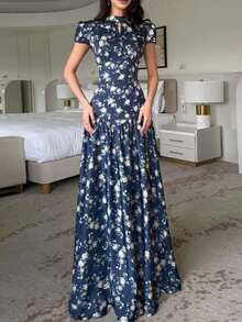 Elegant Spring Dress With Print And Fitted Cut - Blue - View 6