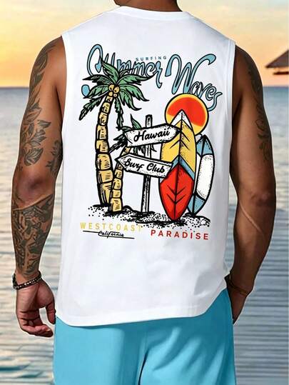 Camiseta de manga corta de cuello redondo con estampado de tabla de surf colorida, puesta de sol y palmeras, en estilo bohemio y casual de la oeste americana, adecuada para el hogar, al aire libre, la ciudad, regular, vacaciones, casual, jóvenes, minimalista, campus, retro, versátil, textura, elegante, personalizada, deportes