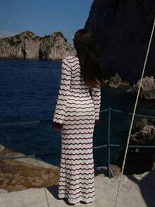 Vestido de manga larga con escote en V profundo a rayas azul y blanco de estilo casual y vacacional para mujer, vestido largo bohemio y sexy para fiestas en la playa y vacaciones de verano - Granate y blanco roto - Ver 9