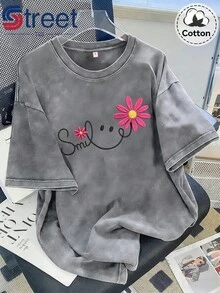 Summer Tops New Vintage Washed Cotton Distressed Short-Sleeve T-Shirt With American-Style Floral  Face Print, Plus-Size Women's Top, Loose Fit, Drop Shoulder, Round Neck, Oversize Style, Comfortable And Fashionable, Versatile For Commuting, Y2K Fashion Women's Clothing - 杏色 - 查看 10