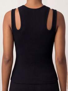 Women's Ribbed Double-Strap Tank Top - Slim-Fit Sculpting Shapewear Top Seamless Shapewear Tummy Control Solid Everyday - Black - View 5