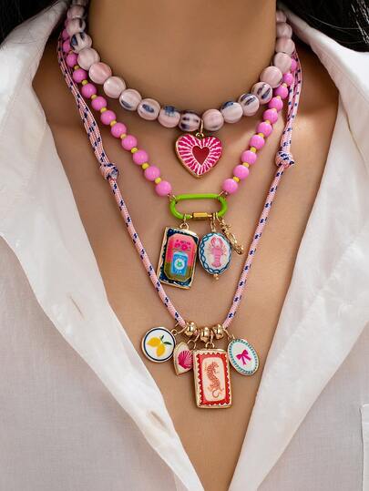 波西米亚风珐琅叠层项链套装，女士款，粗款穆拉诺珠串项链配心形吊坠，彩色登山扣项链，可替换吊坠，波西米亚海滩风夏季度假饰品