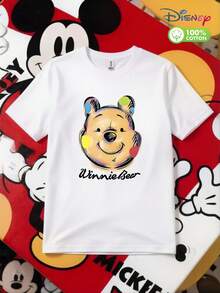 Men's 100% Cotton Disney Winnie Bear Graphic T - Shirt, Classic Cartoon Character Print Short Sleeve Crewneck Casual Tee, Unisex Style For Adults, Teens & Young Men, Ideal For Daily Wear, Streetwear, Outdoor Activities, Casual Outings, Theme Parks (Disneyland), Friendship Gifts, Lightweight Breathable Comfort - Fit Top With Soft Pure Cotton Fabric, Fun & Playful Design For Disney Fans, Anime Lovers, Perfect Gift For Him - White Color - trắng - Xem 2