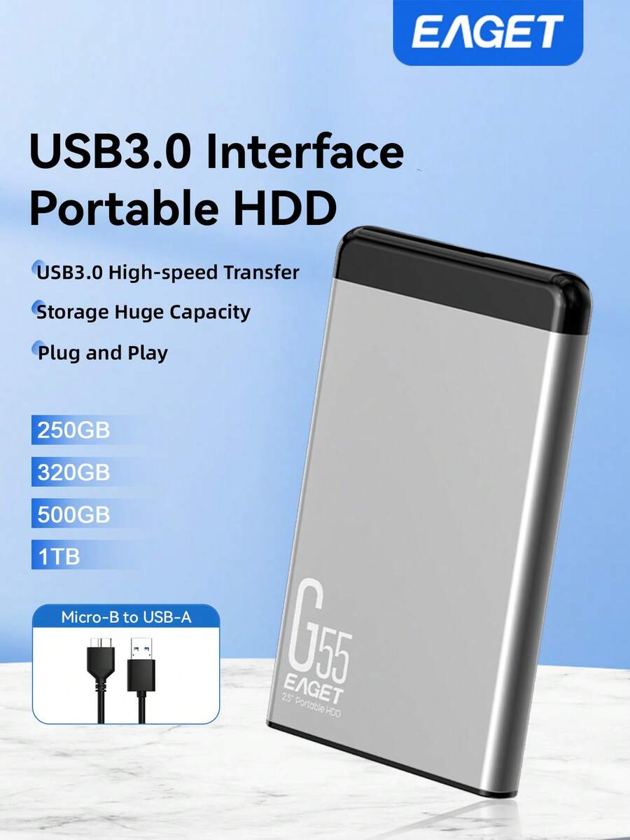 2.5英寸外置硬盘 - USB 3.0 5Gbps接口，容量可选500GB/1TB，金属外壳，即插即用 - 适用于备份、电影、音乐、照片等。