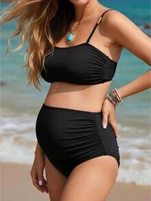 Women's Solid Color Maternity Bikini Set High Waist Two Piece Bathing Suit For Pregnancy - Black - View 1