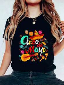 Camiseta de Cinco de Mayo para Mujer, Camiseta Mexicana 5 de Mayo para Mujer, Hombre y Niñas, Camiseta de Manga Corta con Cuello Redondo y Estampado, Camisetas Gráficas de Moda para Mujer, Transpirable y Cómoda - Negro - Ver 1