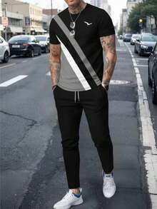 Men's Fashionable Printed Crew Neck Short Sleeve T-Shirt And Pants Set - Black - View 2
