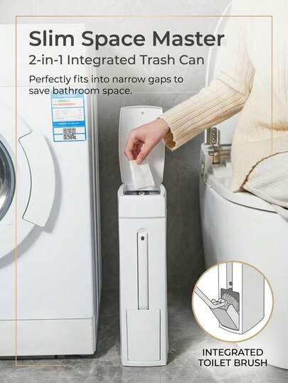 Thùng rác góc siêu mỏng có nắp nhựa, kèm chổi cọ toilet, thích hợp sử dụng trong gia đình, được thiết kế cho phòng tắm và nhà vệ sinh, có nắp nhựa.