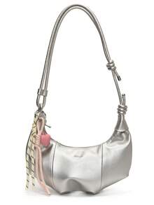 1pc Solid Color PU Crescent Shoulder Bag, Large Capacity, Fashionable For Adult Women, Suitable For Outings And Shopping - Silver - View 7