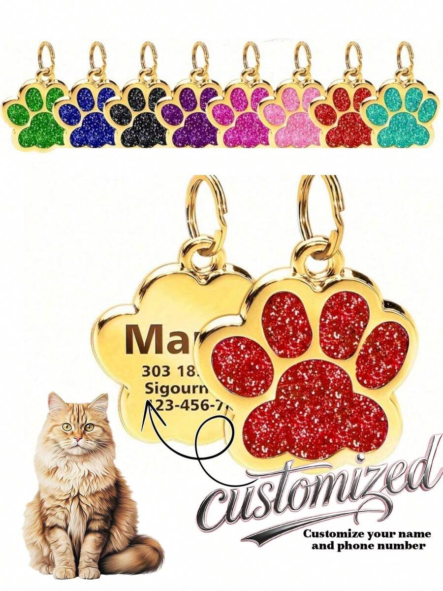 1 pieza Etiqueta de identificación personalizable con diseño de huella de animal lindo, se puede grabar con su número de teléfono y el nombre de su mascota, etiqueta de perro grabada, etiqueta de identificación de gato, etiqueta de identificación de mascota personalizada, utilizada para evitar que las mascotas se pierdan al aire libre, se puede colgar en el collar de gato/perro, colgante para mascota