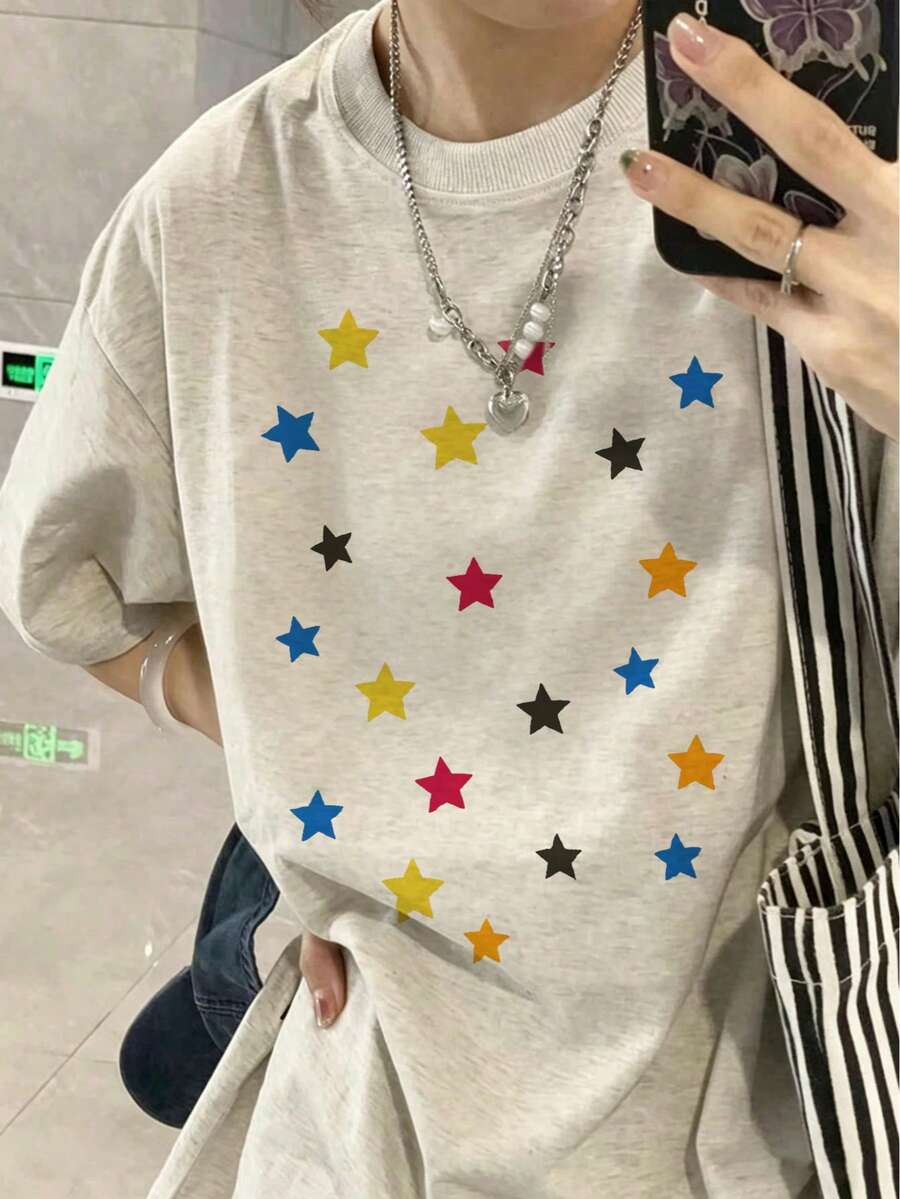 Summer Casual Letter Print Oversized T-Shirt, Crew Neck Short Sleeve, Loose-Fitting Streetwear Top For Women - Grey - View 1