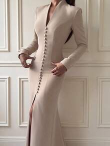 Floreya Spring/Summer Lightweight Business Commute Elegant Party Holiday Date Court Formal Long Sleeve Dress - Khaki - View 2