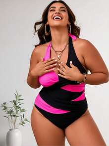 2026 New Plus Size Black & Pink Color Block One-Piece Swimsuit, Halter Deep V, Ruched Waist Beach Swimwear - Black and Pink(黑粉紅色) - 查看 5