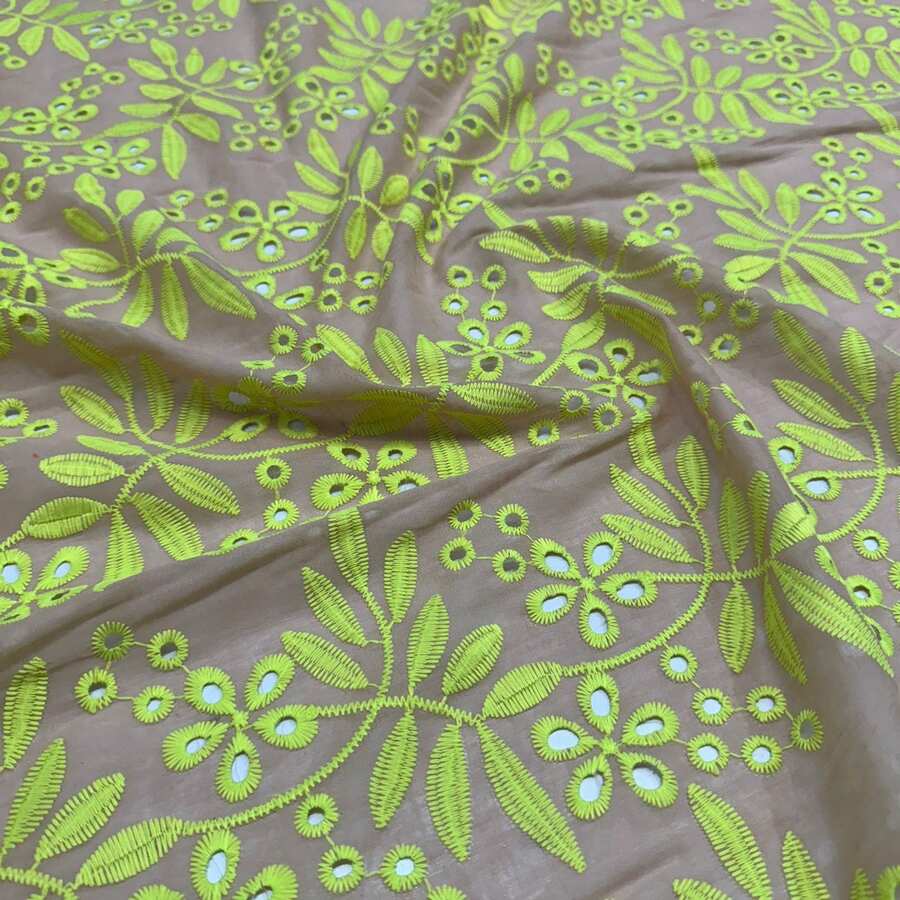 Two-Tone Embroidered Lace Fabric, 100% Cotton, 1.35m (Width) - Bege - Ver 1
