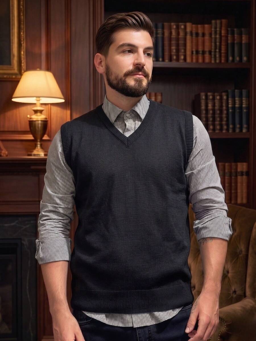 Men's Knit Pullover Vest With V-Neck, Classic Premium Comfortable - Black - View 1